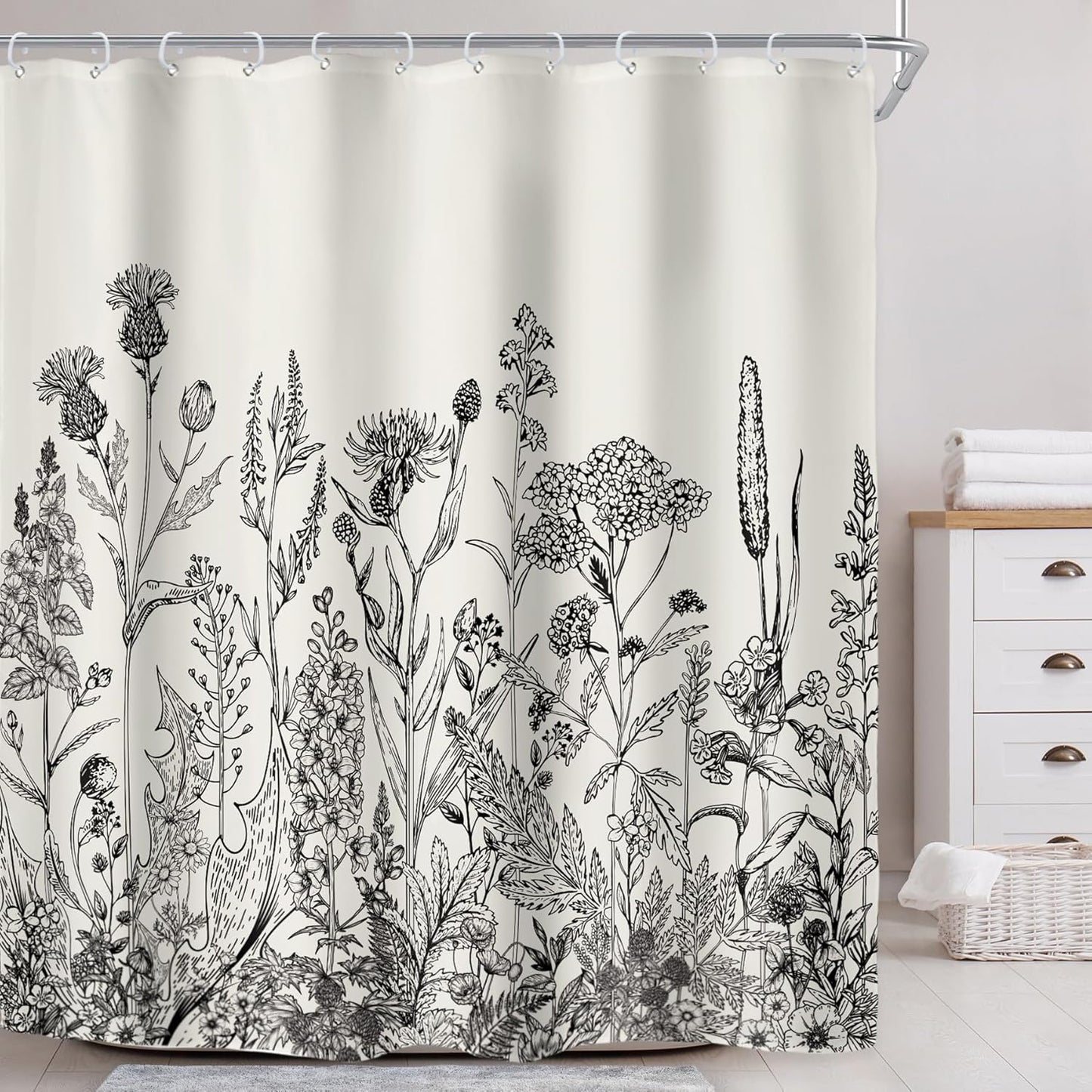 Riyidecor Wild Floral Shower Curtain 72Wx78H, Botanical Flower Plant Art Printed Fabric with Hooks
