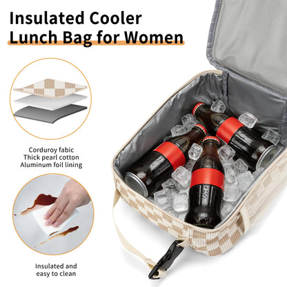 OYLOLA Lunch Box for Women Men Adult Insulated Lunch Bag Women Men Small Reusable Lunchbox for Work Picnic Travel (Beige-Brown Plaid)