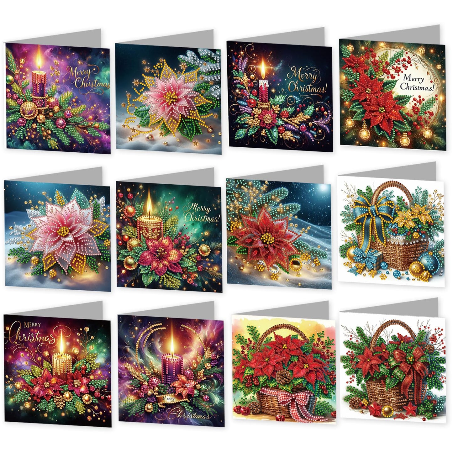 C'eitura 12 Pack Poinsettia Diamond Art Greeting Cards with Envelopes - 5D DIY Diamond Painting Card Kit for Christmas, Birthday, Mother's Day - Handmade All Occasion Stationery Gifts for Adults Beginner