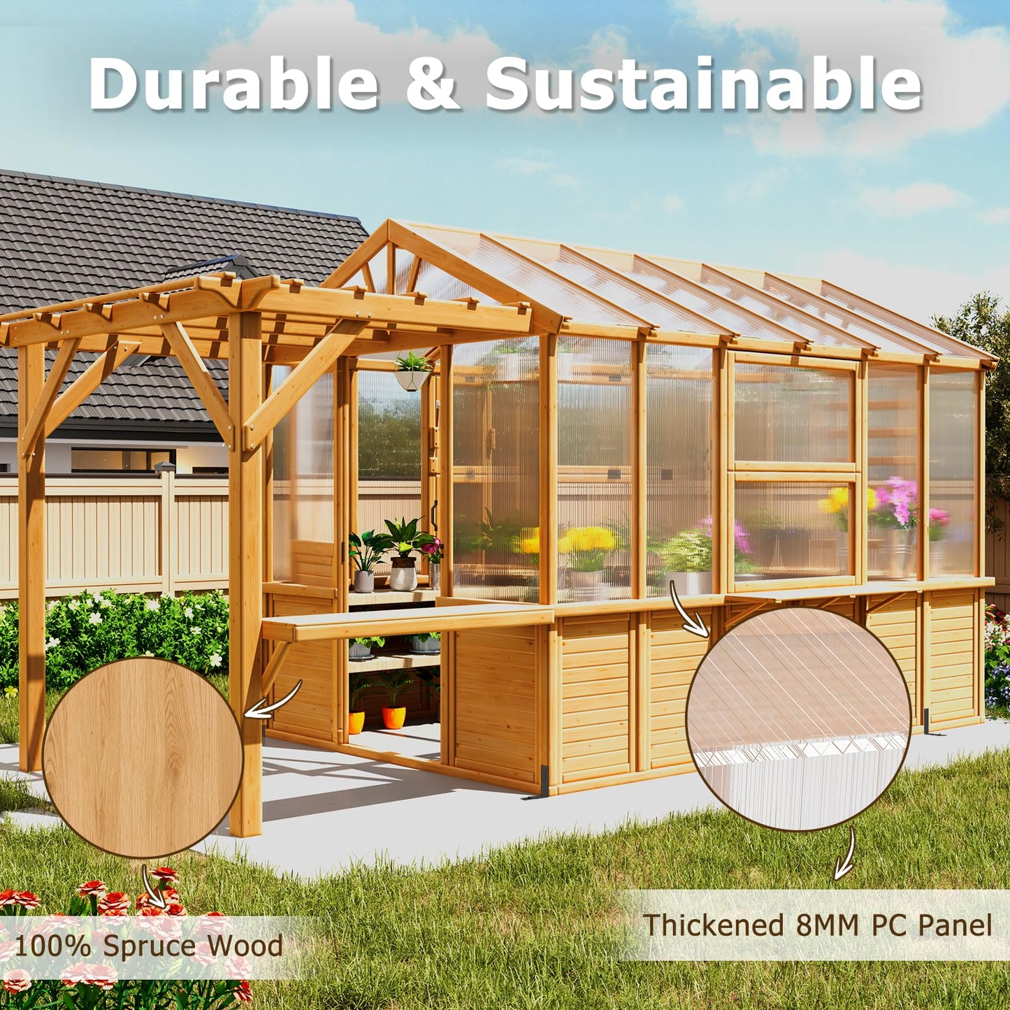 EROMMY 7x16 FT Spruce Wood Greenhouse with Pergola, Large Walk-in Polycarbonate Greenhouse Kit with Top-Hung Windows, Built-in Workstation and Staging Shelves for Backyard Garden