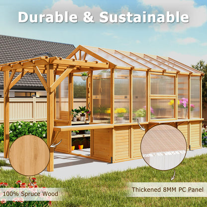 EROMMY 7x16 FT Spruce Wood Greenhouse with Pergola, Large Walk-in Polycarbonate Greenhouse Kit with Top-Hung Windows, Built-in Workstation and Staging Shelves for Backyard Garden