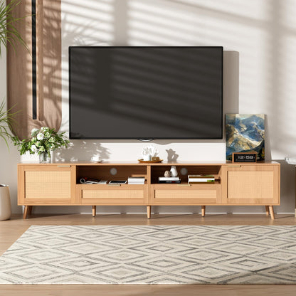 Merax 86'' Rattan TV Stand for TVs up to 90'', Modern Farmhouse Media Console, Entertainment Center with Solid Wood Legs, TV Cabinet for Living Room, Bedroom, Wood Color
