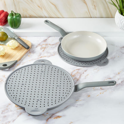 BergHOFF Essentials Heat-Resistant Silicone Splatter Screen 11", Multifunctional, Grease Straining, Cooling Rack, Prevent Burns, Grey