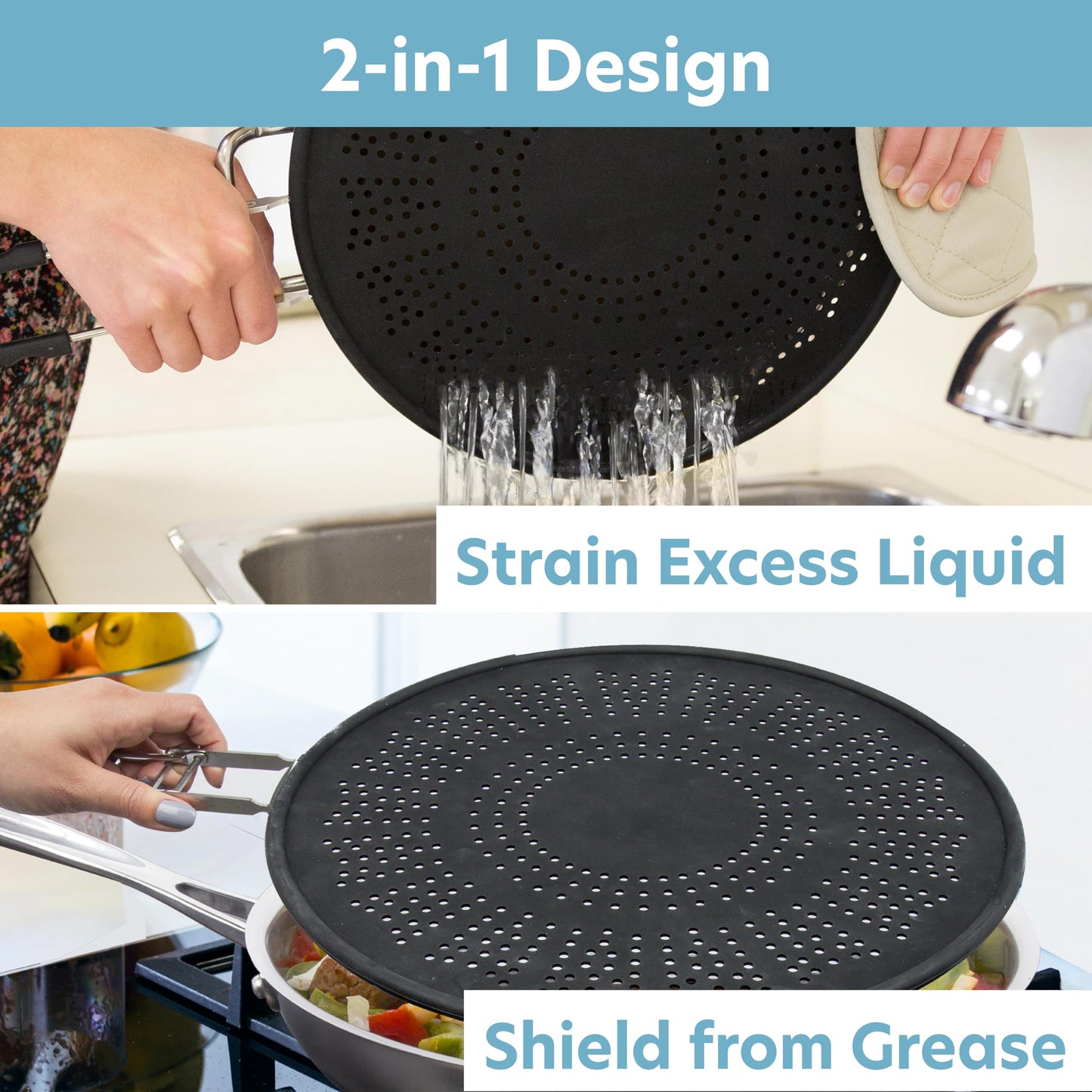 XL 11.5" Silicone Splatter Screen Shield- Multi Use Pan Cover with Foldable Handle & Built in Water Strainer- Protect from Oil, Grease with Shield Guard- Fits Most Kitchen Frying Pans, Heat Resistant