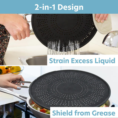 XL 11.5" Silicone Splatter Screen Shield- Multi Use Pan Cover with Foldable Handle & Built in Water Strainer- Protect from Oil, Grease with Shield Guard- Fits Most Kitchen Frying Pans, Heat Resistant