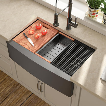 30 Black Farmhouse Sink - Lordear 30 inch Farm Kitchen Sink Workstation Apron Front 16-Gauge Gunmetal Black Stainless Steel Single Bowl Deep Kitchen Farmer Sinks, 9" Apron Height