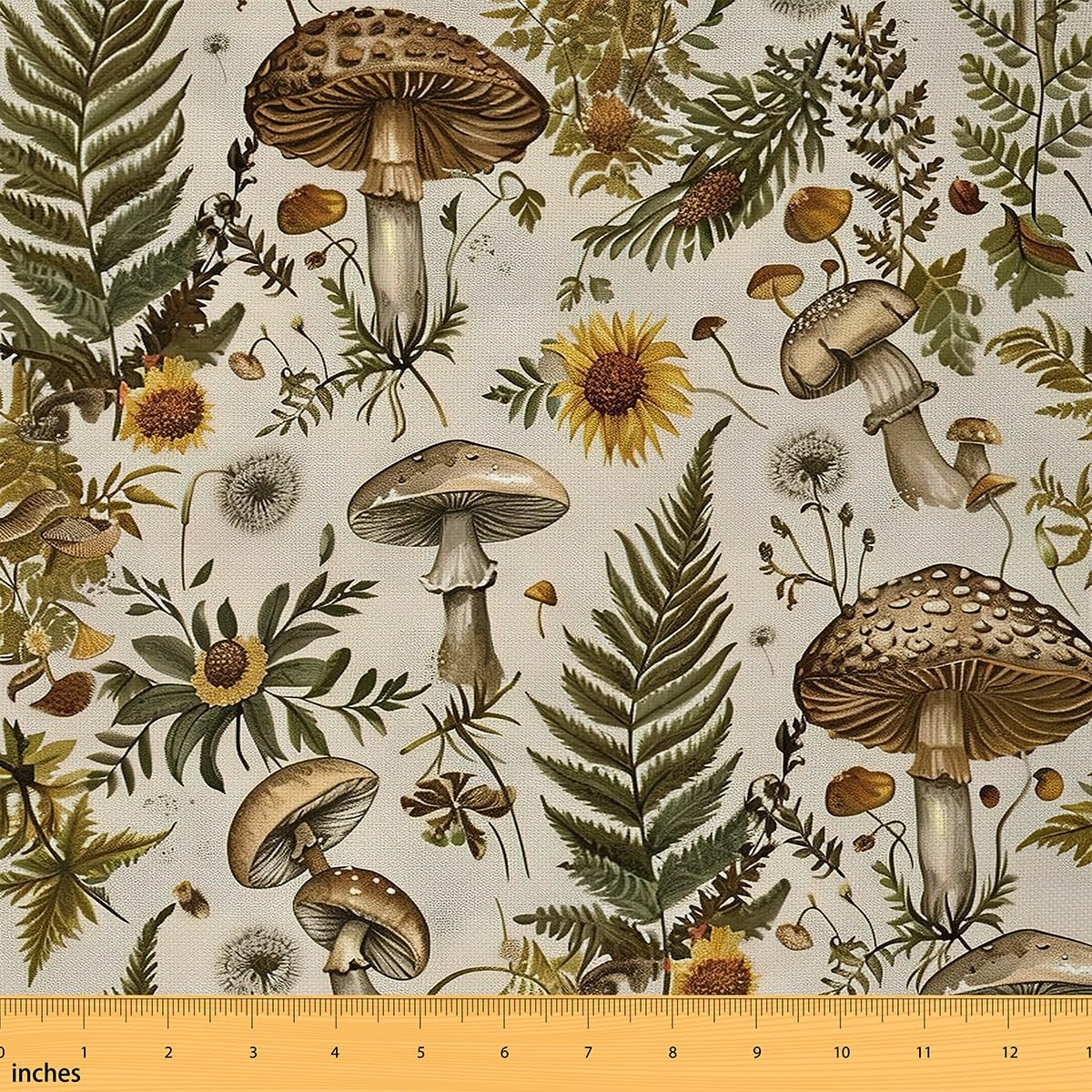 Mushroom Fabric by The Yard Botanical Leaves Vintage Flowers Fabrics for Sewing Supplies Retro Daisy Dandelion Jungle Plants Fabric for DIY Soft Flannel Polyester No Stretch 1 Yard,36" L x 59" W