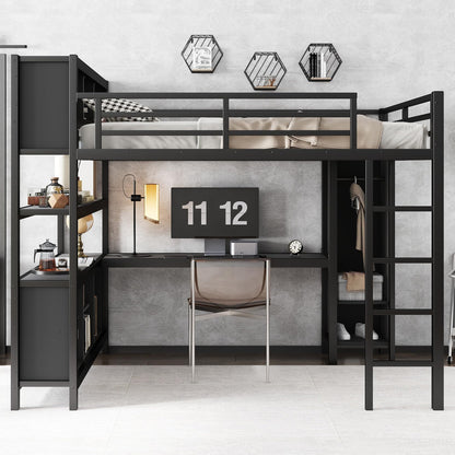 Bellemave Queen Size Loft Bed with Desk, Wardrobe & Storage Shelves, Modern Metal Loft Bed Frame for Adults, Teens, Kids, Space-Saving Queen Bed for Small Rooms, Dorms, Apartments (Queen, Black)