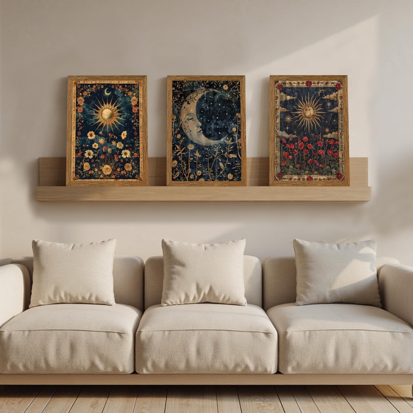 Palette Dreams Set of 3 Wood Framed Wall Art, Sun, Moon and Clouds Theme, Ready to Hang, Fade Resistant, Vibrant Art Prints for Bedroom, Living Room, Hallway, Home Office Decor, 12x16 Inches