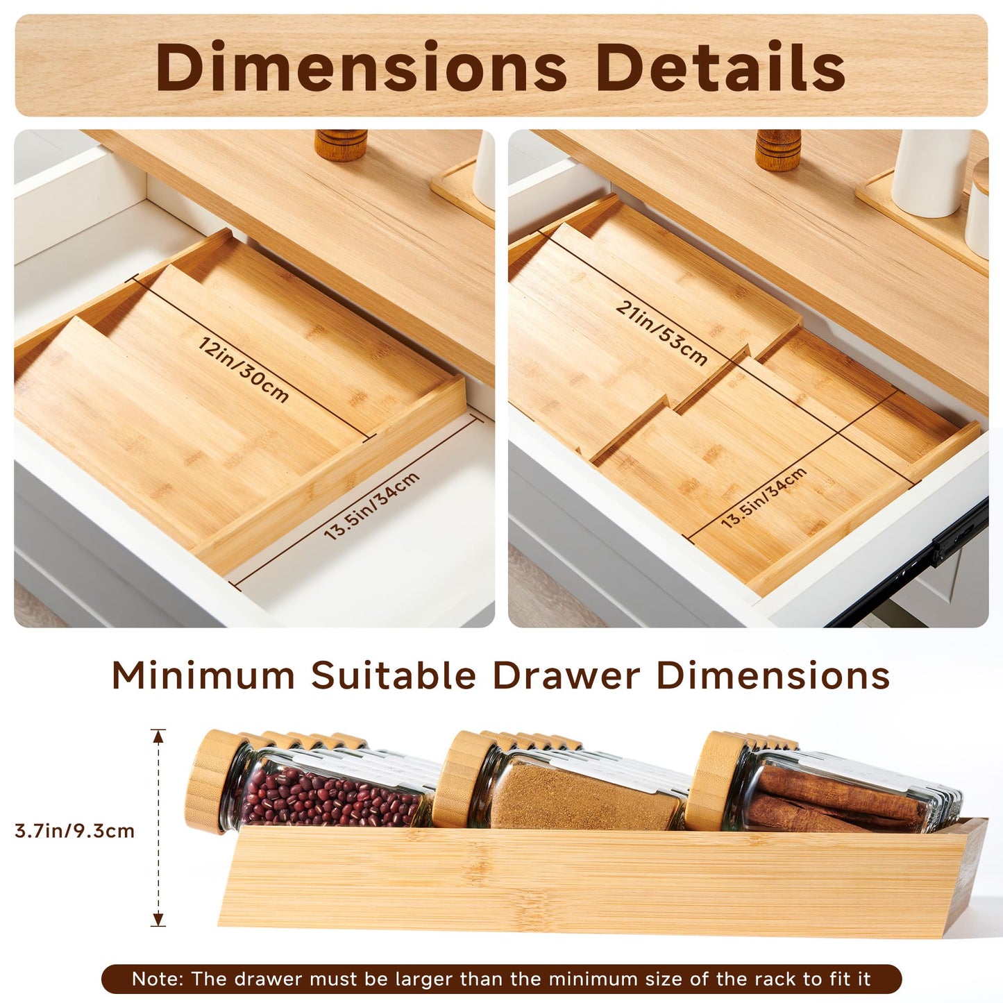 KitHero Expandable 3-Tier Bamboo Spice Rack Organizer (12"-21" W, 13.5" D, 3.7" H) Adjustable for Kitchen Drawers, Cabinets, Countertops, Pantry Shelves & Cupboards, No Jars Included