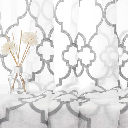 Moroccan Embroidered Semi Sheer Curtains, 108" Long Linen Textured Grey White Geometric Drapes for Living Room