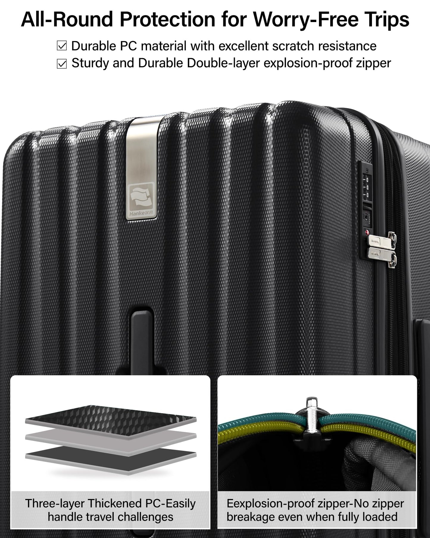 Hanke 24 Inch Plus Expandable Luggage Large Suitcases with Wheels, Medium Checked Luggage Hard Shell Suitcases, PC Trunk Luggage Extra Large Suitcase with Lock for Women Men(Jet Black)