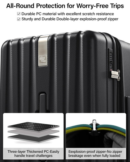 Hanke 24 Inch Plus Expandable Luggage Large Suitcases with Wheels, Medium Checked Luggage Hard Shell Suitcases, PC Trunk Luggage Extra Large Suitcase with Lock for Women Men(Jet Black)