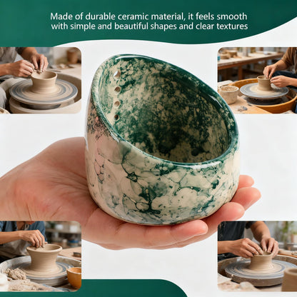 Pottery Herb Stripper Bowl Set – 2 Piece, Including 5-Blade Stainless Steel Herb Cutter Scissors, Herb Stripping Tool & Handmade Pottery Herb Stripper Bowl, For Stripping Leaves and Rhizomes (Green)