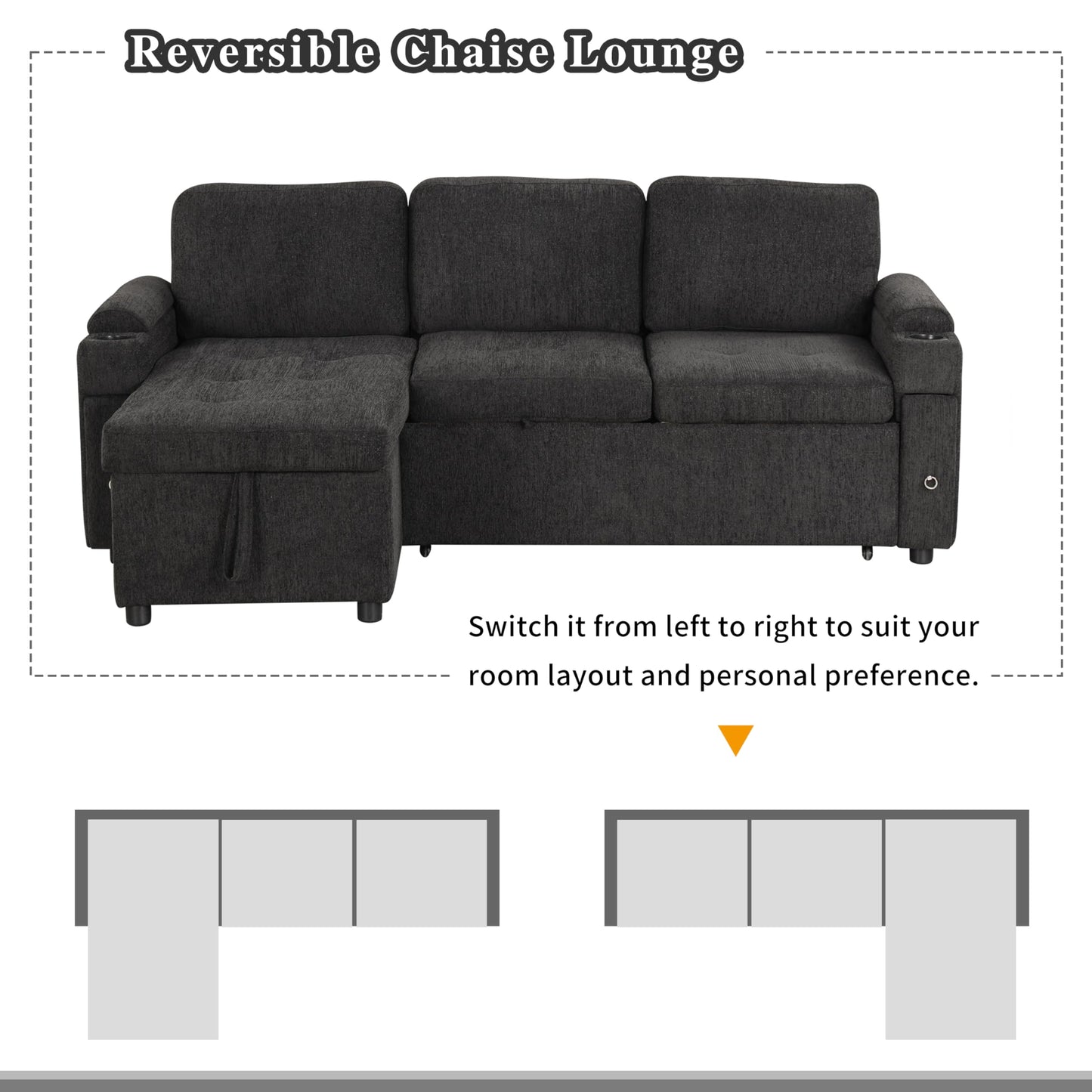 Merax Modern 83.5" L-Shaped Sectional Sofa with Pull-Out Sleeper Bed, USB Ports & Cup Holders, Chenille 3-Seat Couch with Storage Chaise Lounge, Side Pocket & Drawers for Living Room, Black
