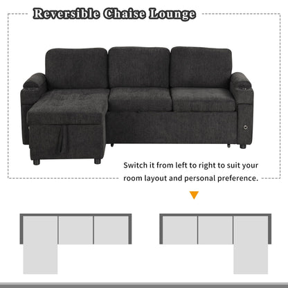 Merax Modern 83.5" L-Shaped Sectional Sofa with Pull-Out Sleeper Bed, USB Ports & Cup Holders, Chenille 3-Seat Couch with Storage Chaise Lounge, Side Pocket & Drawers for Living Room, Black