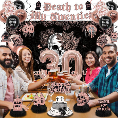 Crenics Rose Gold and Black Death to My 20s Decorations - Death to My Twenties Backdrop, Banner, Honeycomb, Sash, Hanging Swirls, Cake Topper and Balloons for 30th Birthday Party Decorations for Her