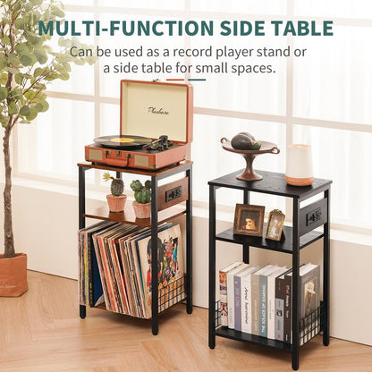 Yoobure Record Player Stand, 3-Tier White Side Table with Charging Station, Small End Table Record Holder with Vinyl Storage, Beside Tables Turntable Stand for Album CD, Night Stand for Living Room