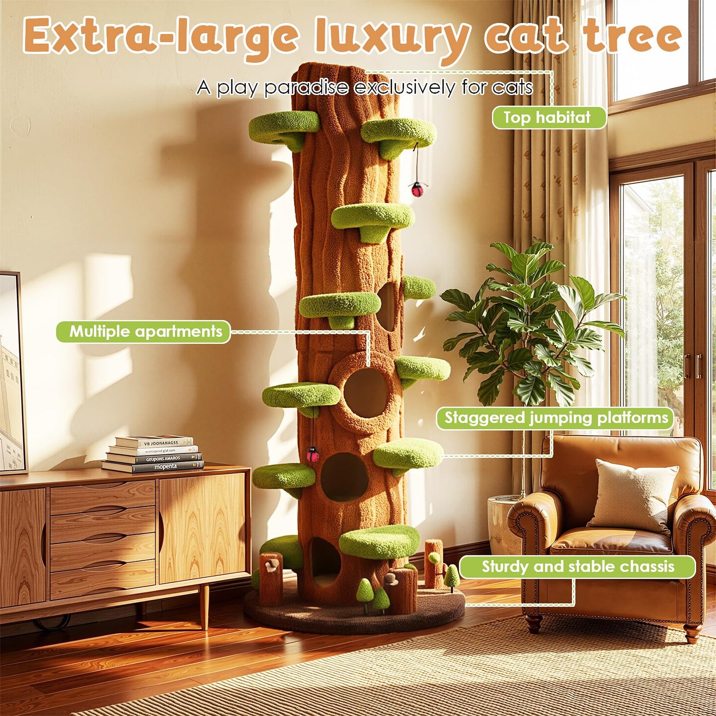 NUNU LAB Large Cat Tree for Indoor Cats – Multi-Level Solid Wood cat Tree Tower with Sisal Scratching Posts, Jumping Platforms, Plush Perches & Spring Toys for Multi-Cat Homes