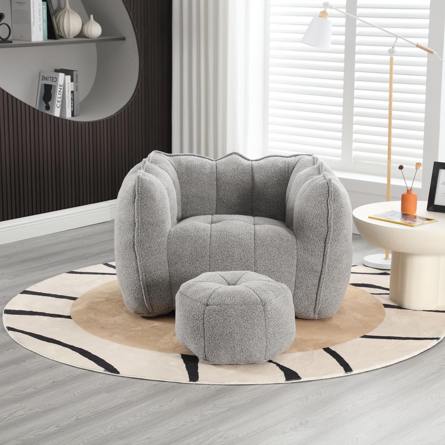 Plush Grey Chenille Bean Bag Chair for Adults | Large Comfy Lounger with Footstool | Ideal for Living Room, Bedroom, Gaming, Reading | 41"x32"x25"