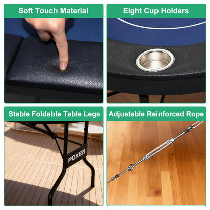 LaiSeeCian 8 Players Foldable Poker Table with Cup Holders, Collapsible Texas Holdem Poker Table with Reversible Game Mat, Suitable for Home Party, Casino, Poker Night, etc.