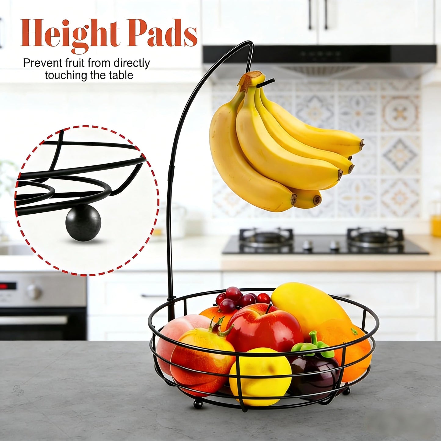 Vituney Fruit Basket for Kitchen Counter - Fruit Bowl with Banana Hanger, Rust-Proof Metal Frutero Produce Fruit Holder for Kitchen