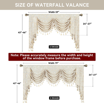 Loom and Mill European Elegant Waterfall Valance for Living Room, Luxury Jacquard Frame Swag Valances with Tassels, Beige Gold Floral Swag Curtains for Bedroom Window Holiday Decor(W59 Inch,1 Panel)