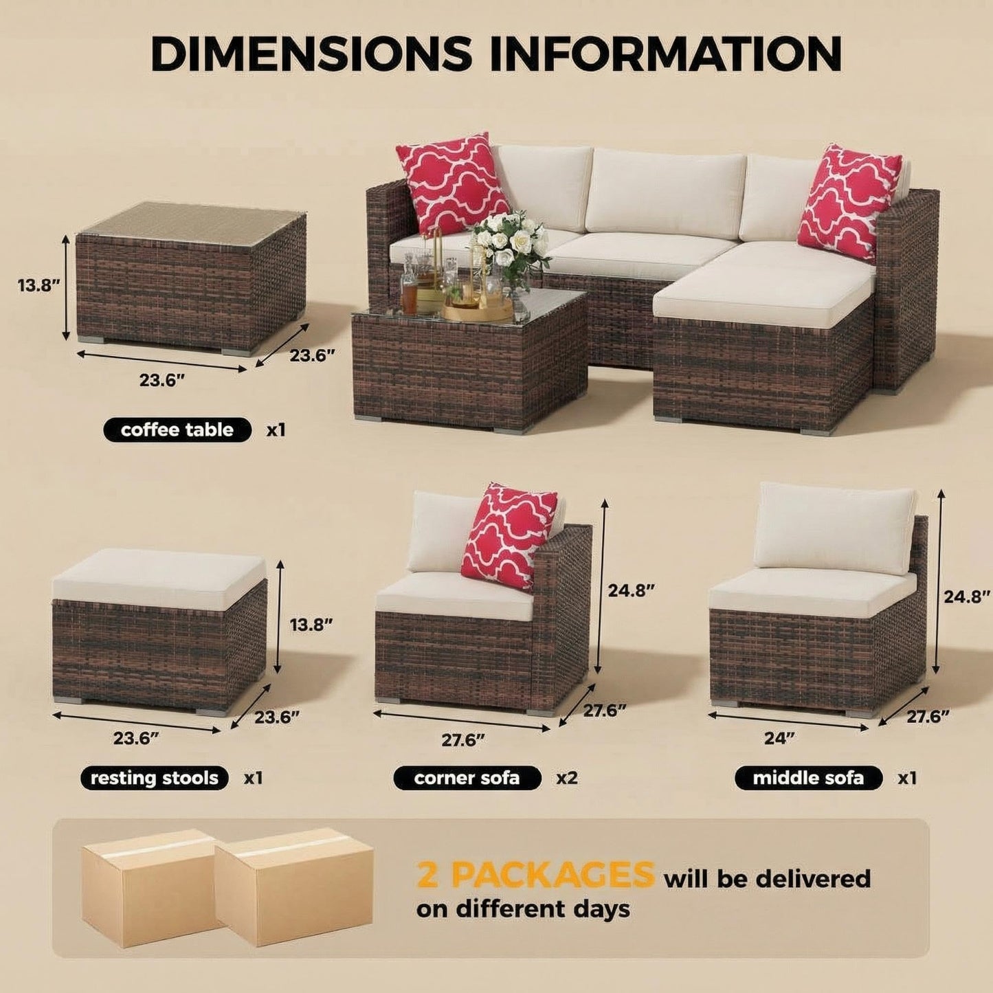 5-Piece Patio Sectional Sofa Set, All-Weather Brown PE Rattan Outdoor Conversation Furniture with Neutral-Tone Cushions, Glass Coffee Table & Footstool, Modular Design for Garden, Porch, Balcony, Pool