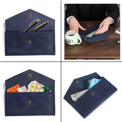 TheAntiq Blue Leather Cash Envelopes for Money Pouch Currency Holders - Soft Leather Money Bag Mobile Holder for Travel - Genuine Leathers Wallets for Women Money Bag - Travel Money Pouch Cash Holder