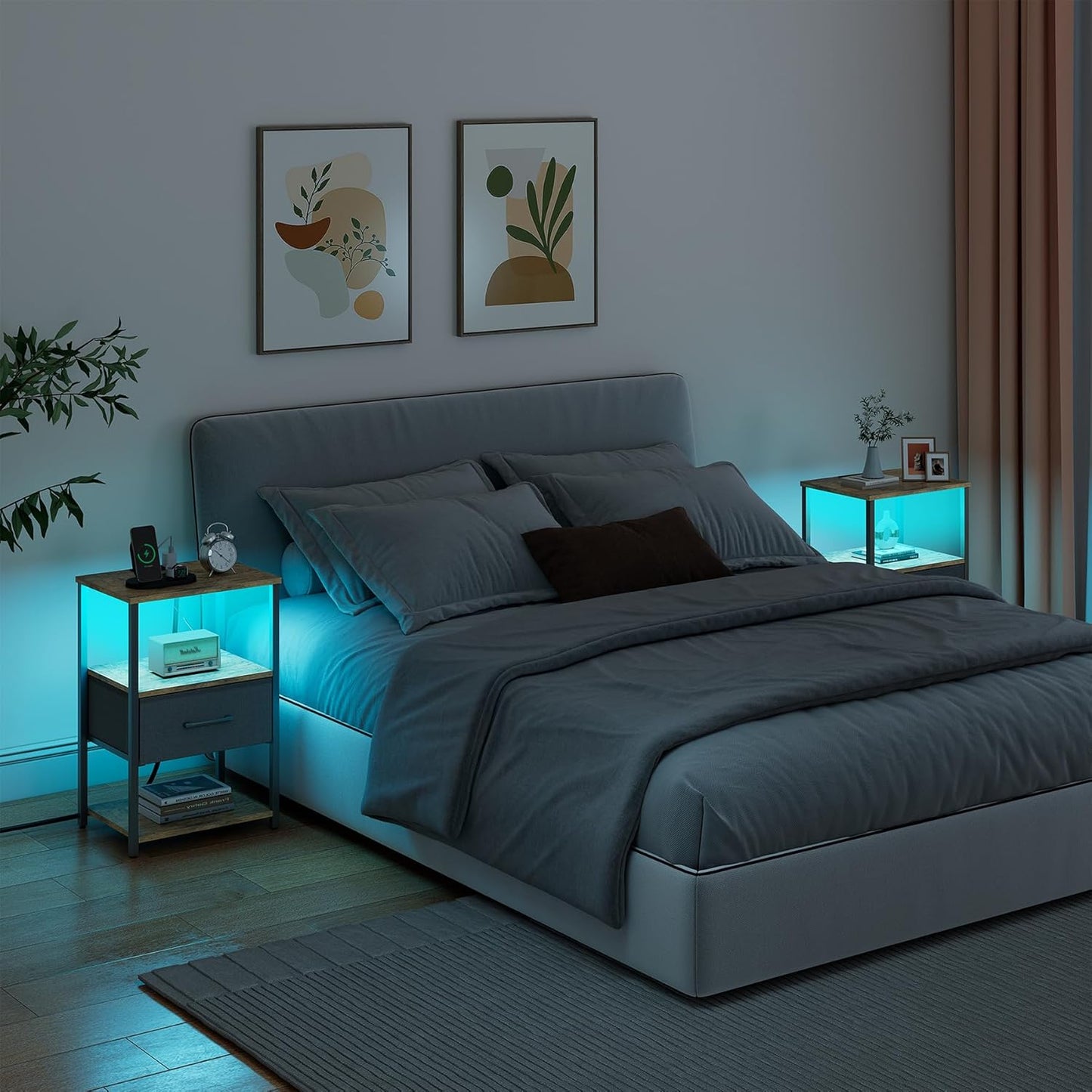 TB01BB069L TUTOTAK LED Nightstand, Night Stand with Charging Station, End Table, Bedside Table with Fabric Drawer