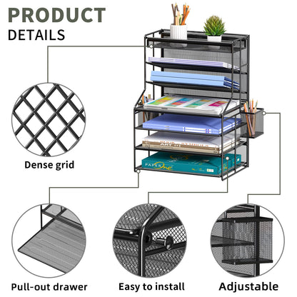 handimp Black 7 Tier Desk File Organizer, Metal Letter Tray Paper Organizer with Pen Holder and Metal Hanging Basket, Vertical Desktop File Holder for Home Office Organization