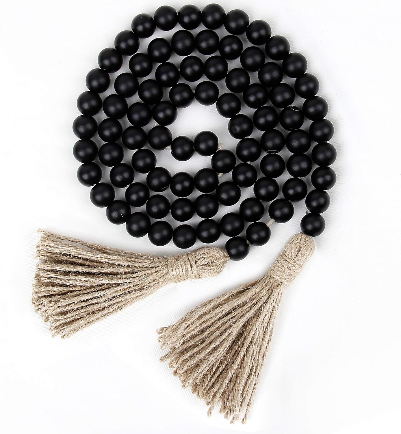 58in Wood Bead Garland with Tassels, Farmhouse Rustic Country Decor, Prayer Boho Wall Hanging Decoration (Black)