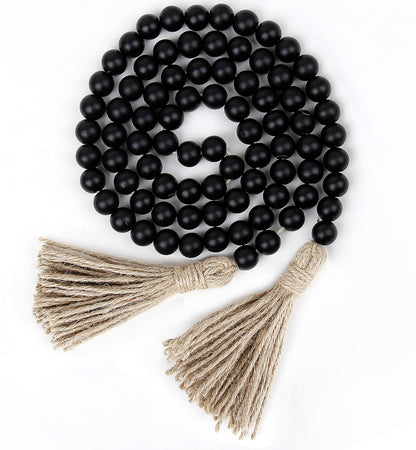 58in Wood Bead Garland with Tassels, Farmhouse Rustic Country Decor, Prayer Boho Wall Hanging Decoration (Black)