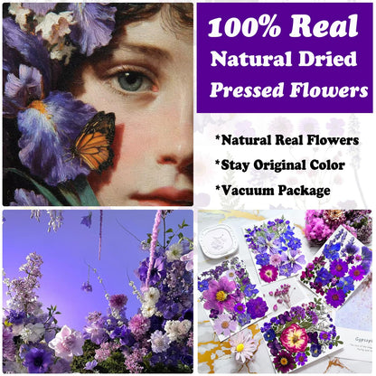 LUCISKY 132Pcs Purple Pressed Dried Flowers and Butterfly for Resin Molds, Real Natural Bulk Dry Floral Leaves Stickers for DIY Art Crafts, Jewelry, Candle, Soap Crafts Making