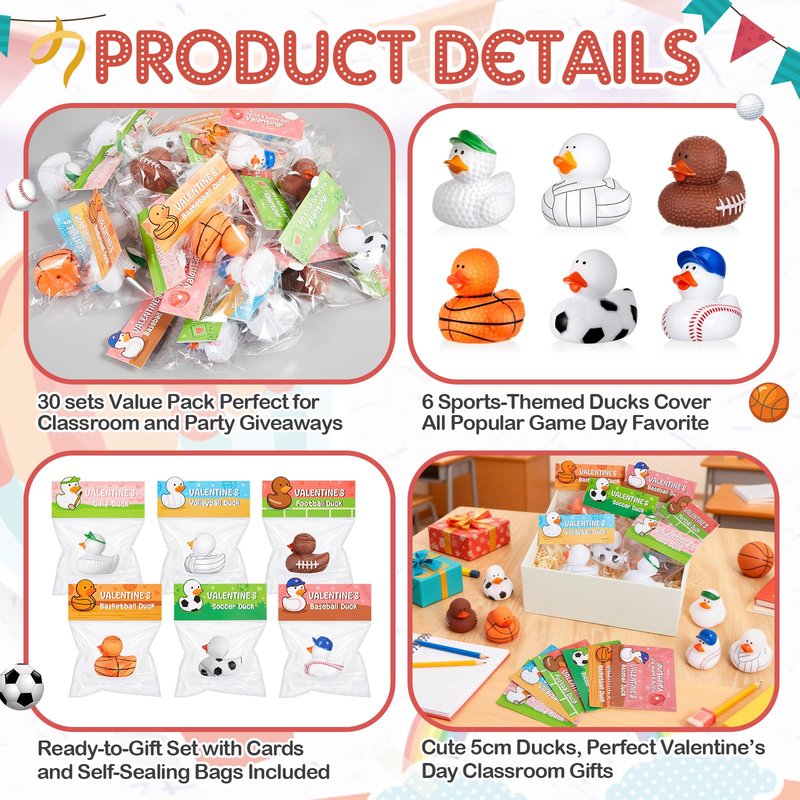 Deekin 30 Packs Valentines Gifts for Kids 2 Inches Sports Valentines Rubber Ducks Valentine's Day Exchange Gifts for Boys Girls School Classroom Prizes Cruise Ships Party Favors