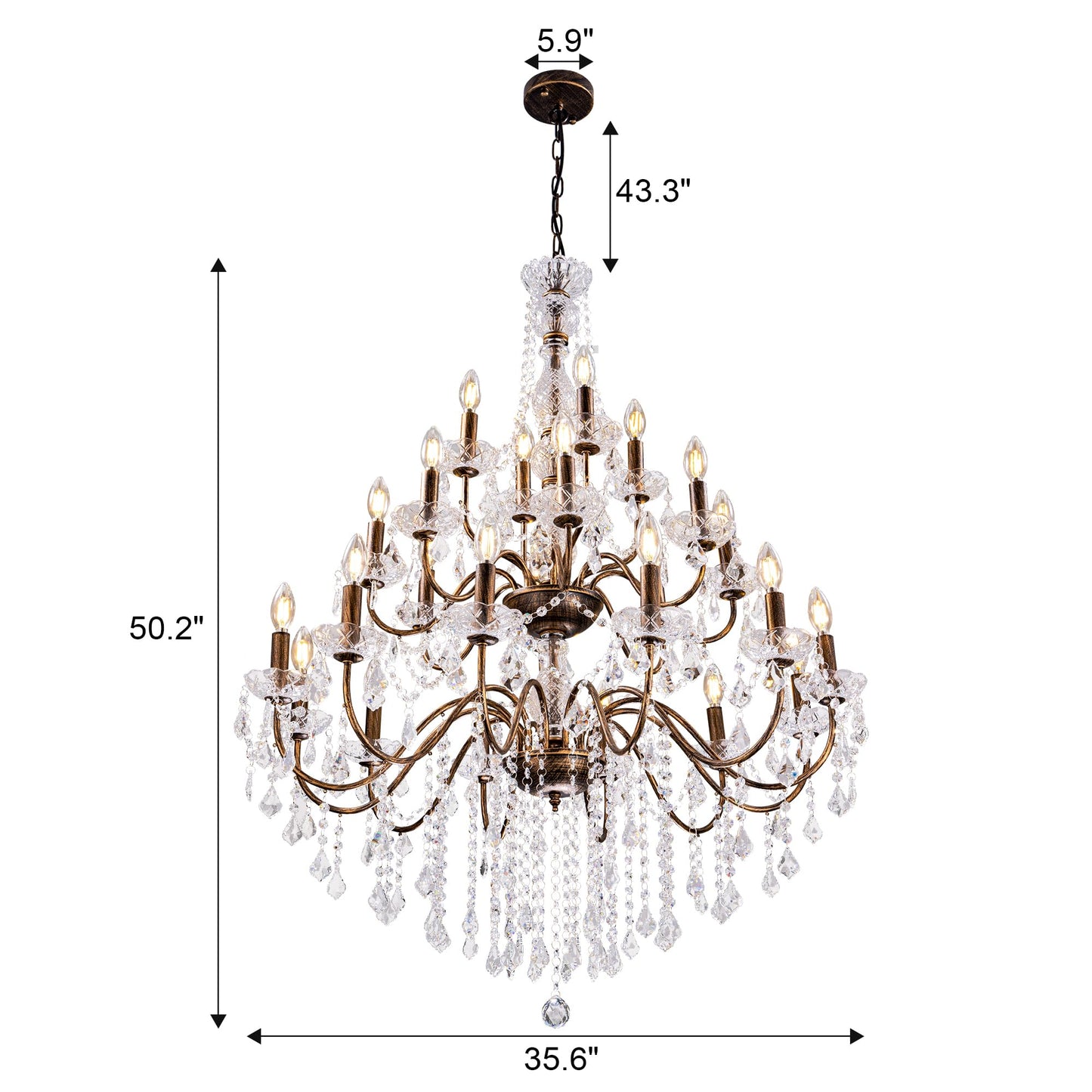 Wellmet Black Chandelier Light Fixture, Luxury Maria Theresa Crystal Chandeliers for High Ceiling Foyer, 24 Lights Hanging Pendant Light for Living Room EntryWay Hall Staircase Large 35.66" (Bronze)