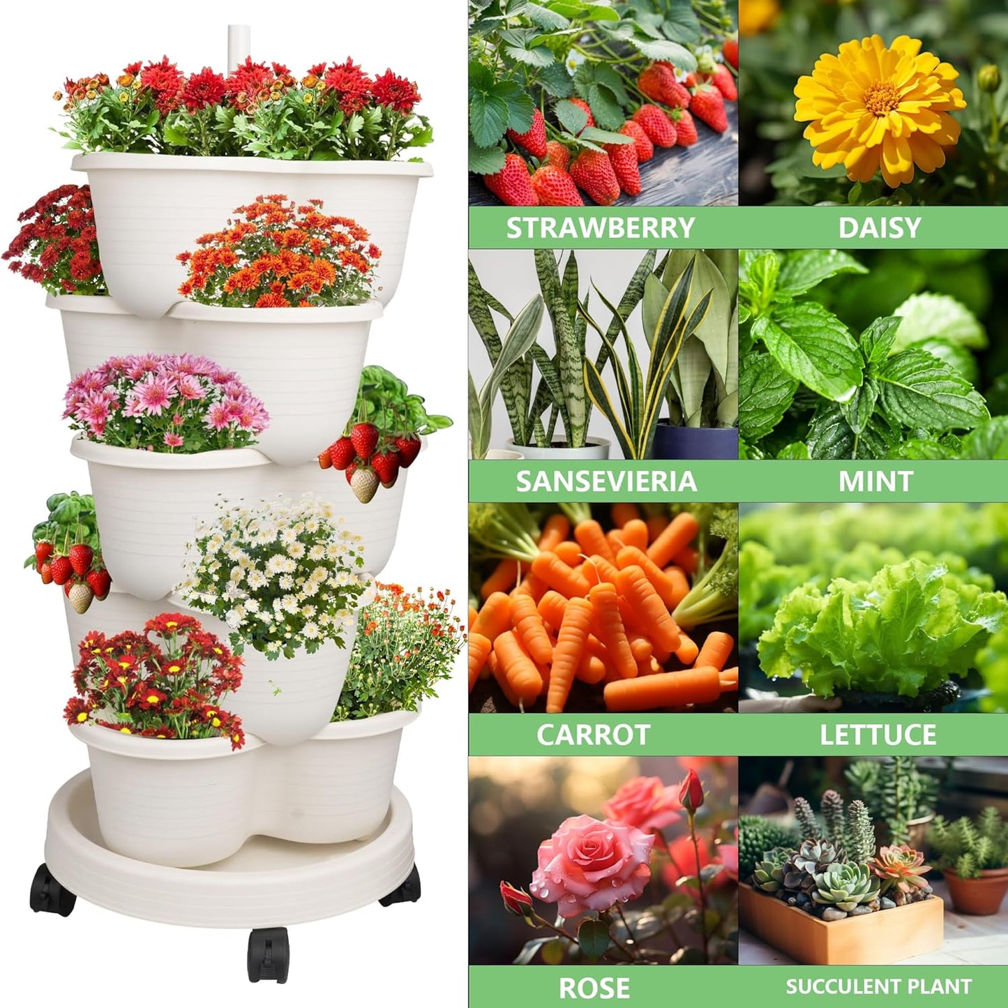 5 Hourleey Strawberry Planter, Tier Stackable Gaden Tower for Flowers, Vegetables, Grow Your Own Herb Garden Vertical