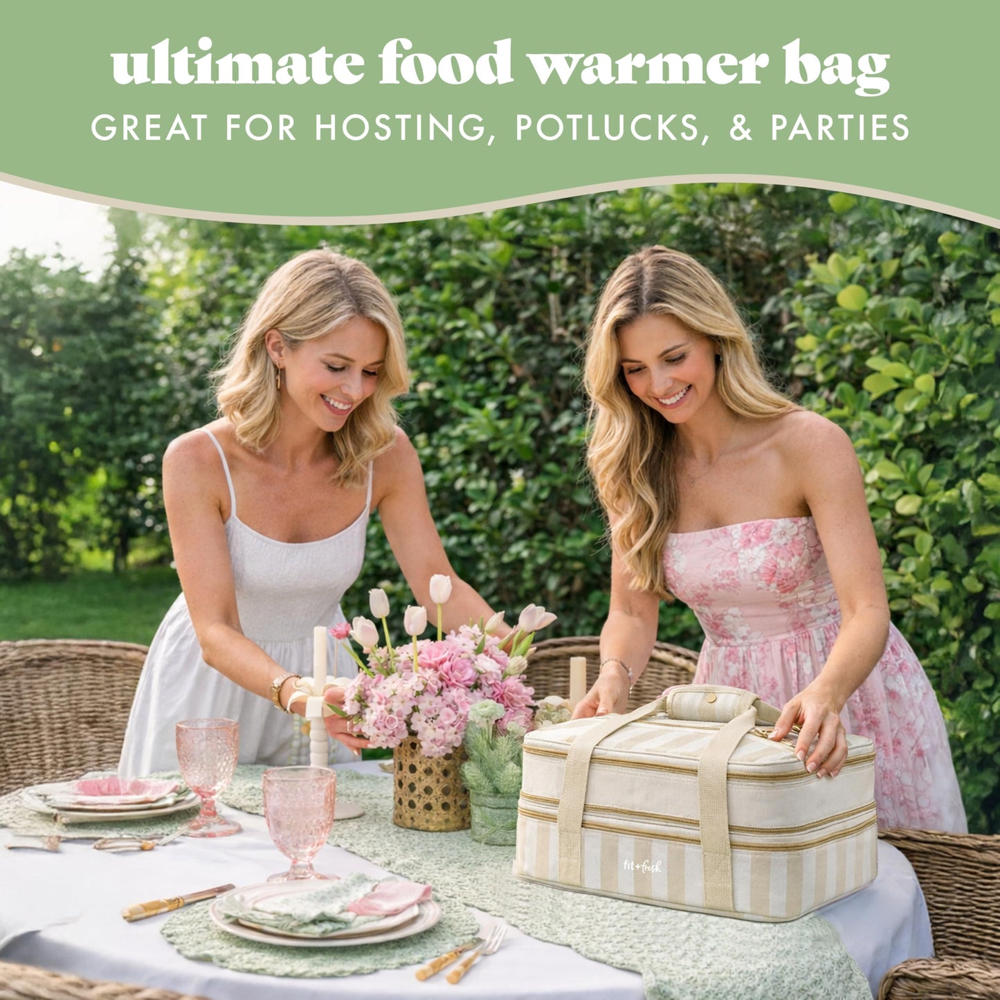 Fit & Fresh Insulated Casserole Carrier - Double Decker Food Carrier Fits Two 9x13 Dishes, Expandable Hot & Cold Food Transport Bag with Zipper Pocket for Potluck, Easter & Travel, Taupe Stripe