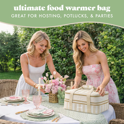 Fit & Fresh Insulated Casserole Carrier - Double Decker Food Carrier Fits Two 9x13 Dishes, Expandable Hot & Cold Food Transport Bag with Zipper Pocket for Potluck, Easter & Travel, Taupe Stripe