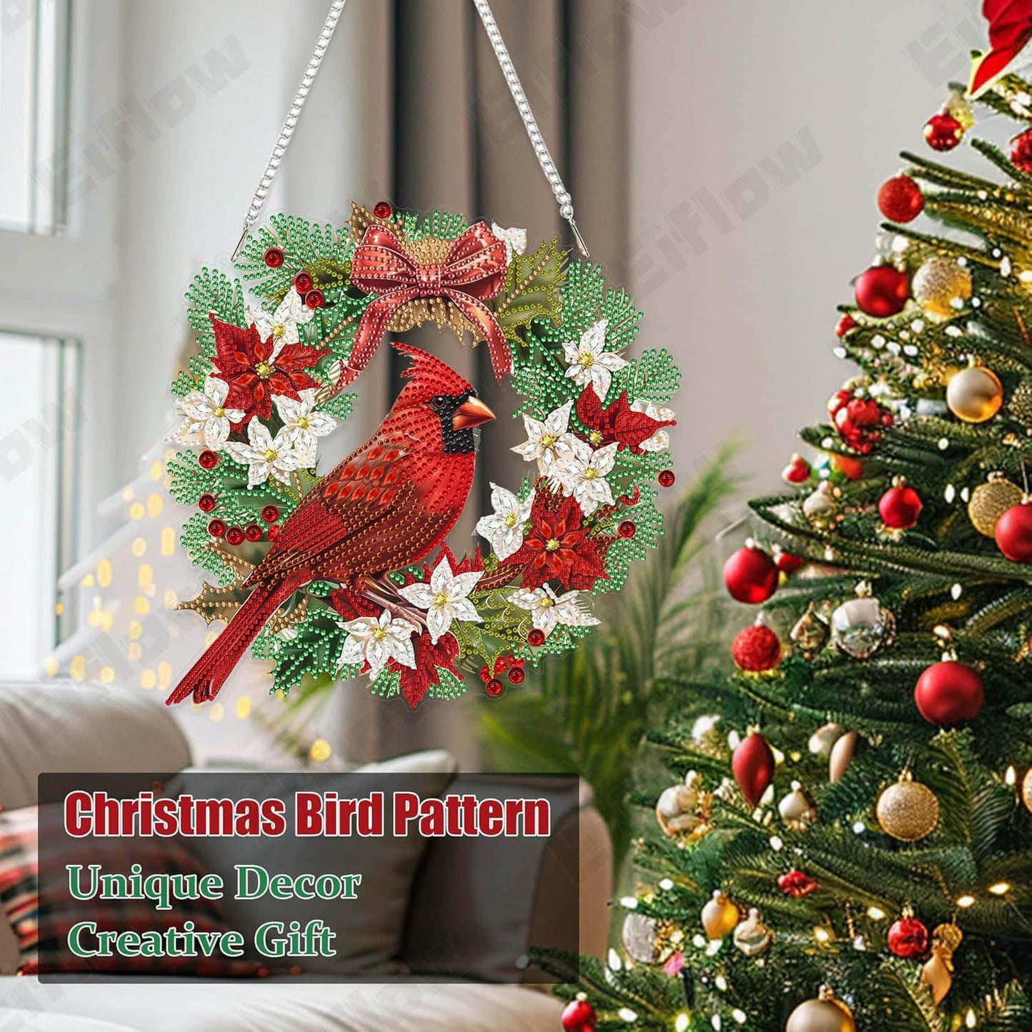Eiflow Christmas Diamond Art Hanging Kit for Adult, DIY Acrylic Diamonds Painting Ornament Double Sided Pendant Board Kit(Cardinal Bird)