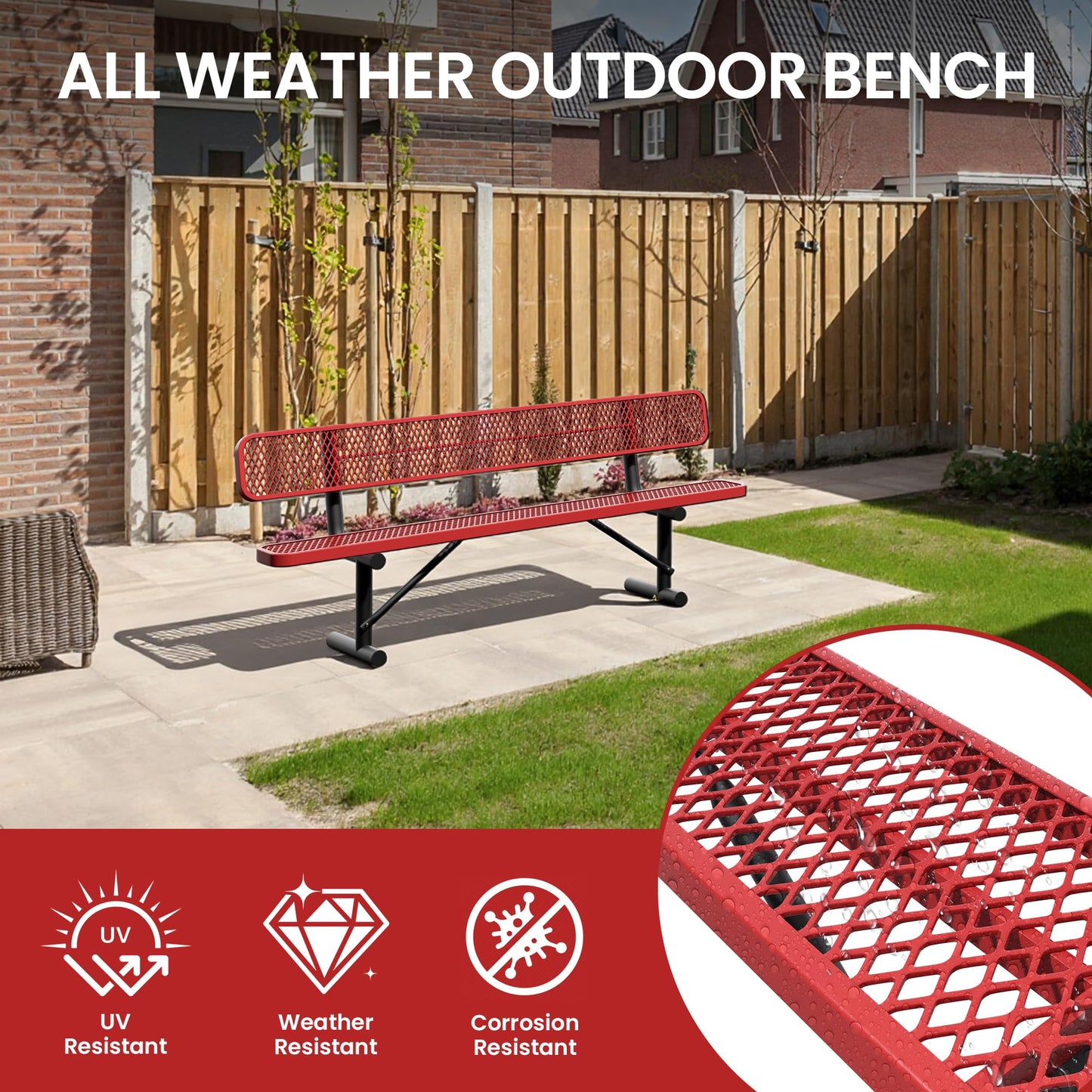 Sunnibety 8 Feet Steel Park Bench for Outside, Outdoor Bench with Backrest & Portable Frame, Commercial Benches for Shopping Malls, Stores, Parks, Patios, Decks, Red