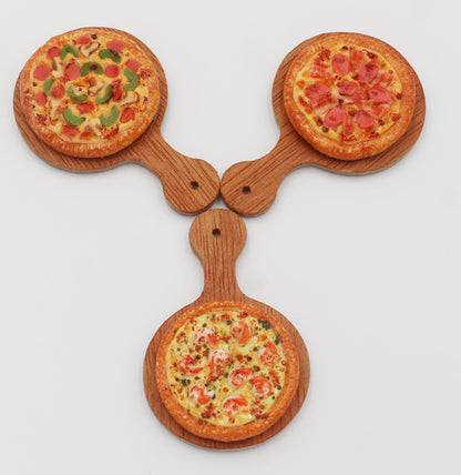 Mixed 3 Assorted Pizza Dollhouse Miniature on Wooden Tray, Dollhouse Food Dollhouse Kitchen Miniature