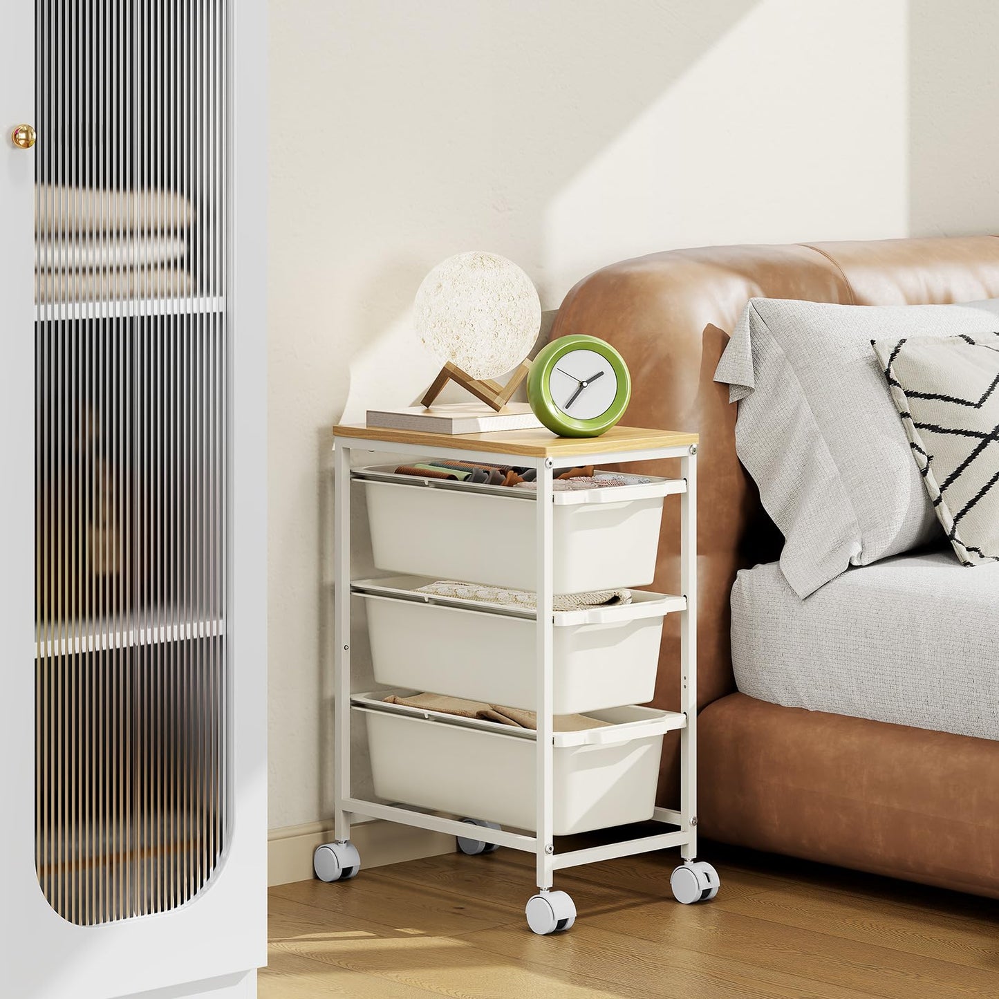 Rolling Storage Cart with 3 Drawers, Craft Organizer, Wooden Tabletop Utility Cart for Bedroom, Children's Room and Office Organization, Under Desk Trolley with Lockable Wheels,White