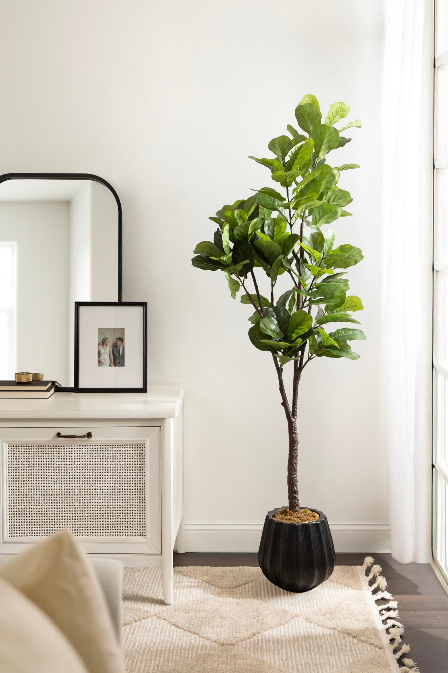 Kate and Laurel Fidmont Faux Fiddle Fig Tree with Claudel Scalloped Planter Pot, 6 FT, Black, Potted Artificial Tree Indoor with Realistic Foliage and Added Moss, Fake Plant for Living Room Decor