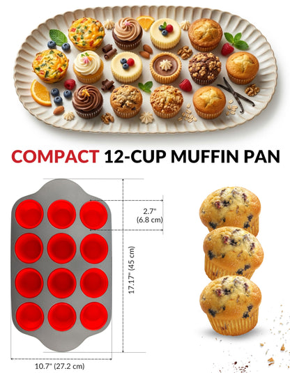 Boxiki Kitchen Non-Stick 12 Cup Silicone Muffin Pan with Steel Frame - BPA Free, Non-Toxic, Anti-Warp, Durable & Easy to Pop Silicone Muffin Tin - Perfect Cupcake Pan