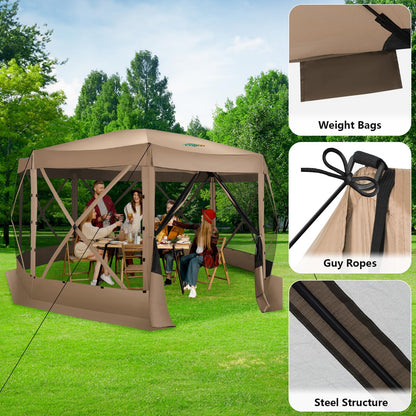 COBIZI 15x15FT Pop Up Gazebo Screen Tent Screen House for Camping, Screen Room with Mosquito Netting, Hub Tent Instant Screened Canopy with Carrying Bag and Ground Stakes, Khaki(Upgraded)