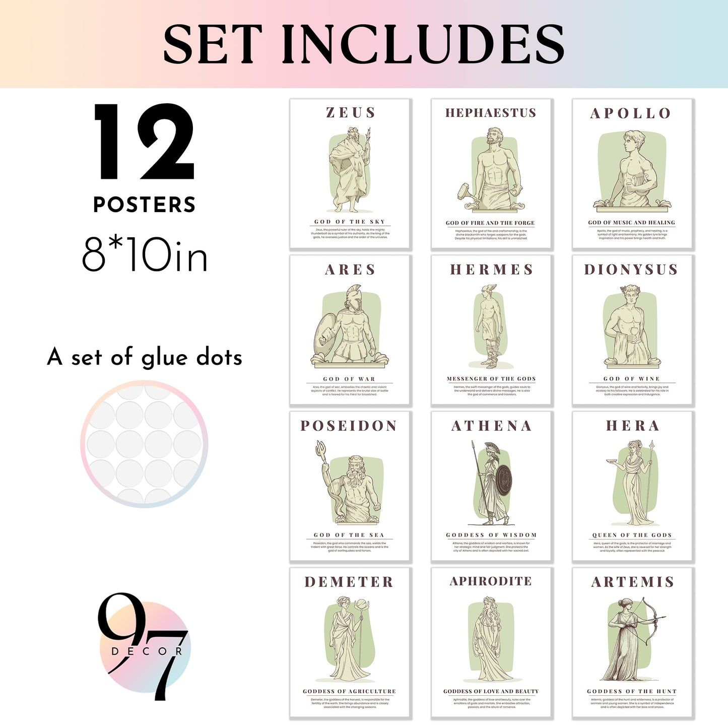 97 Decor Greek Mythology Decor - Ancient Greek Decoration, Apollo God Posters, Mythology Gifts, Greece Wall Art Prints, Aphrodite Poseidon Athena Goddess Party Decorations (8x10 Unframed)