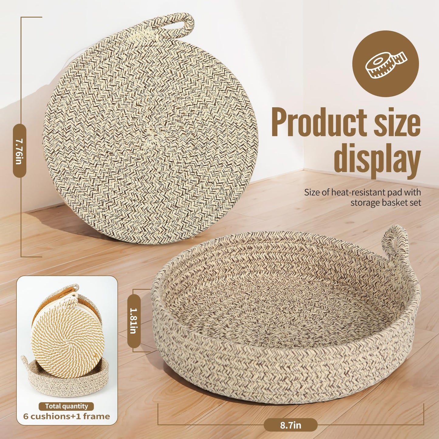 Hot Pads for Kitchen & Quartz Countertops – 6-Pack 8-Inch Cotton Trivets for Hot Dishes, Pots and Pans, Machine Washable Farmhouse Kitchen Decor with Storage Basket