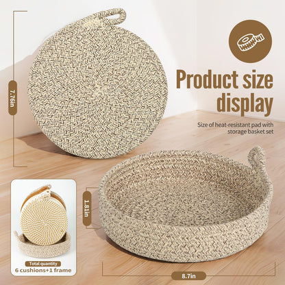 Hot Pads for Kitchen & Quartz Countertops – 6-Pack 8-Inch Cotton Trivets for Hot Dishes, Pots and Pans, Machine Washable Farmhouse Kitchen Decor with Storage Basket