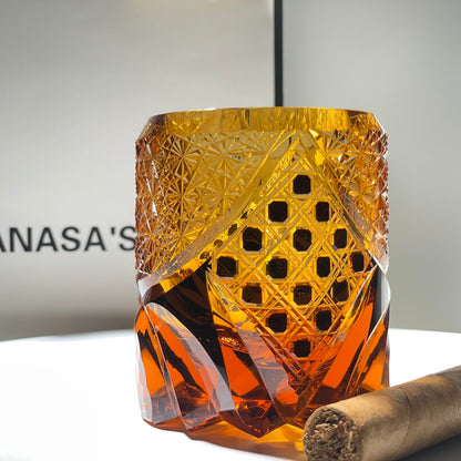 KazeoKoi Kazeako Crystal Whiskey Glasses, Amber Japanese Edo Kiriko Hand Cut Crystal, Vintage Textured Design, Bourbon Cocktail Tumbler, 2 Pack with Gift Box and Coasters (amber)